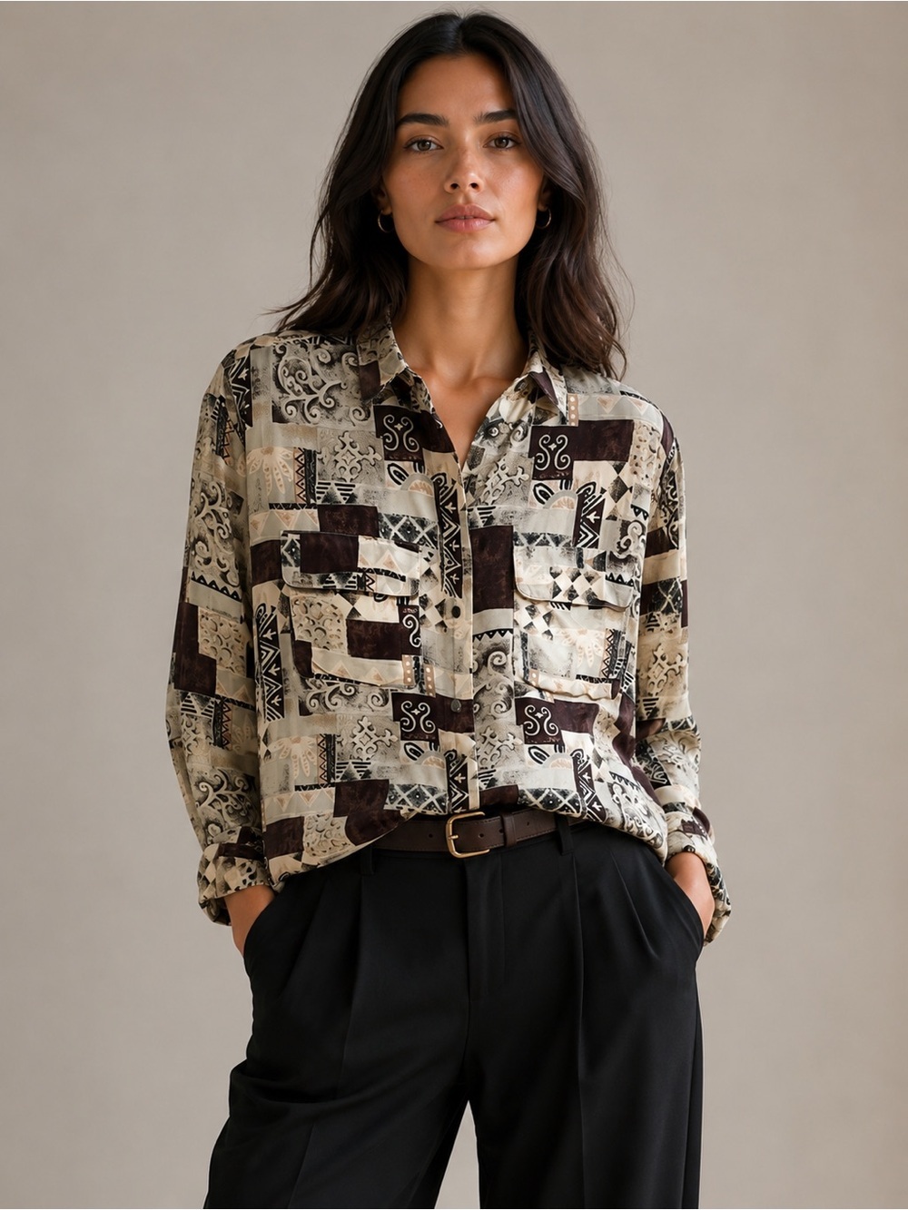 Vintage CHANON 100% Silk Abstract Patchwork Button Front Blouse Shirt